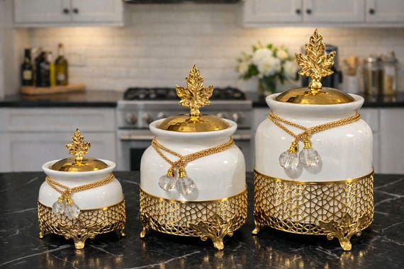 Gold Kitchen Decor: Ceramic Canister Set for Coffee, Tea, Sugar