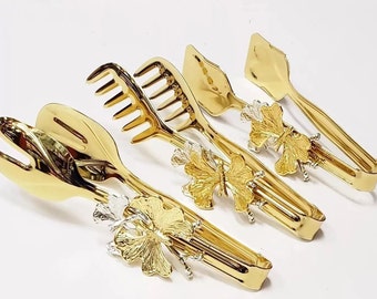 Gold Butterfly Motif 3-Piece Kitchen Tongs Set - Elegant Cooking Utensils