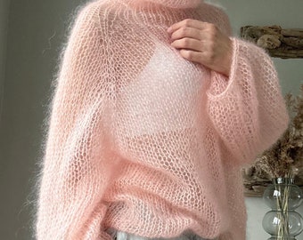 Hand-knitted light mohair sweater, mohair pullover, knitted silk-mohair jumper, loose knit, summer top, light