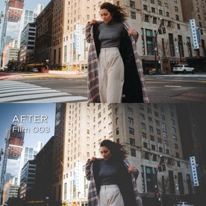 May include: A woman in a gray turtleneck and cream-colored pants stands in a city street, wearing a long coat with a plaid pattern of gray, pink, and black. The image is split, with "BEFORE" and "AFTER Film 003" text.