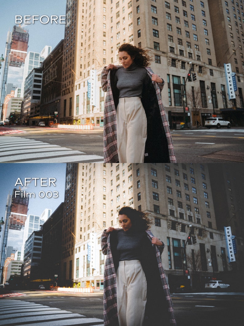 May include: A woman in a gray turtleneck and cream-colored pants stands in a city street, wearing a long coat with a plaid pattern of gray, pink, and black. The image is split, with "BEFORE" and "AFTER Film 003" text.