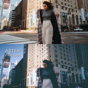 May include: A woman in a city street, wearing a gray turtleneck sweater, cream-colored pants, and a long plaid coat. The coat is open, revealing a black lining. The image is split, with "BEFORE" and "AFTER" text, and the words "Film 001".
