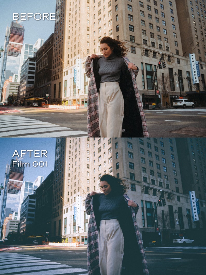 May include: A woman in a city street, wearing a gray turtleneck sweater, cream-colored pants, and a long plaid coat. The coat is open, revealing a black lining. The image is split, with "BEFORE" and "AFTER" text, and the words "Film 001".