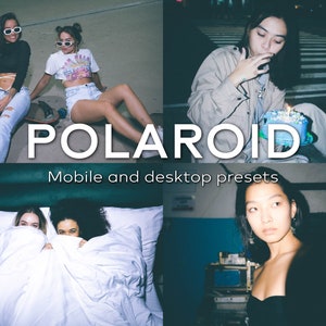May include: A collage featuring four images with a vintage aesthetic. The word "POLAROID" is prominently displayed, with the text "Mobile and desktop presets" below. The images depict diverse scenes, including people and lifestyle shots.