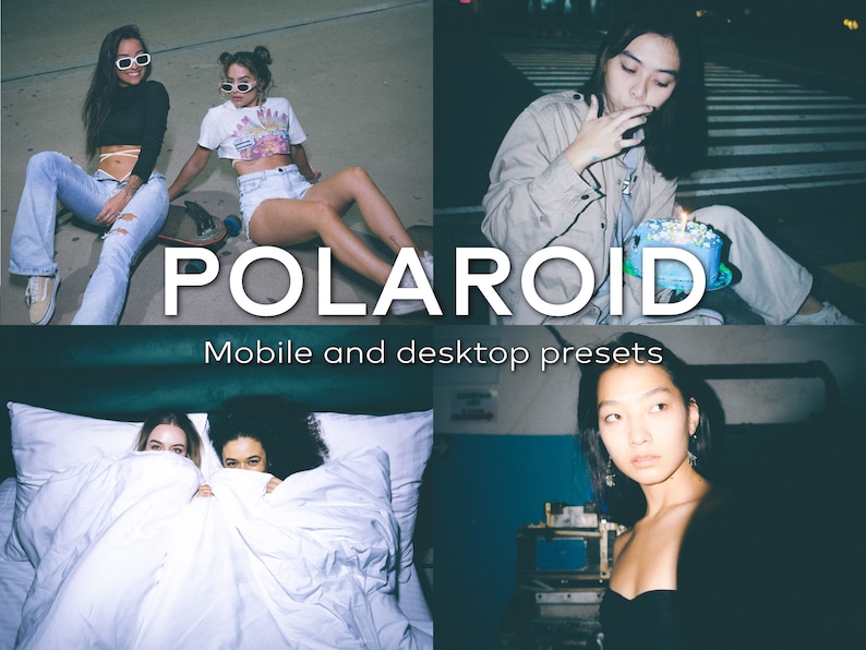 May include: A collage featuring four images with a vintage aesthetic. The word "POLAROID" is prominently displayed, with the text "Mobile and desktop presets" below. The images depict diverse scenes, including people and lifestyle shots.