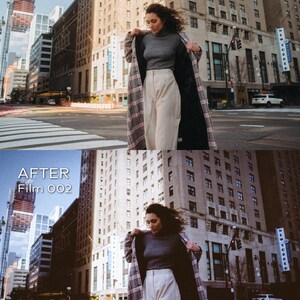 May include: A woman in a city street is wearing a gray turtleneck sweater, cream-colored pants, and a long plaid coat with a black lining. The image is split, with "BEFORE" and "AFTER Film 002" text at the top and bottom.