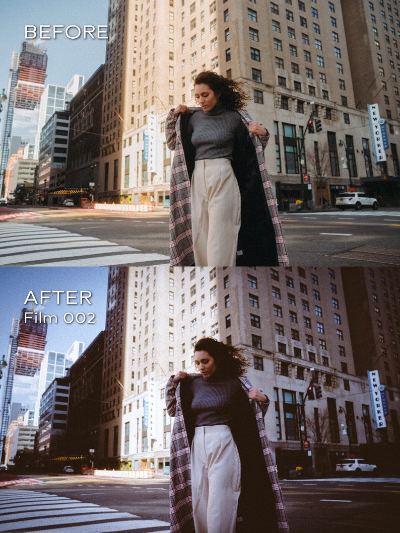 May include: A woman in a city street is wearing a gray turtleneck sweater, cream-colored pants, and a long plaid coat with a black lining. The image is split, with "BEFORE" and "AFTER Film 002" text at the top and bottom.