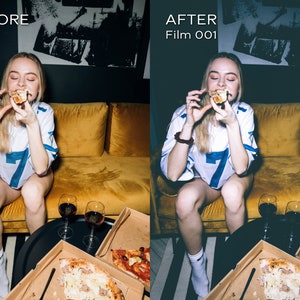 May include: A person wearing a white and blue jersey with the number 7 eating pizza. Two glasses of red wine and pizza boxes are on a table. The text "BEFORE" and "AFTER Film 001" are visible.