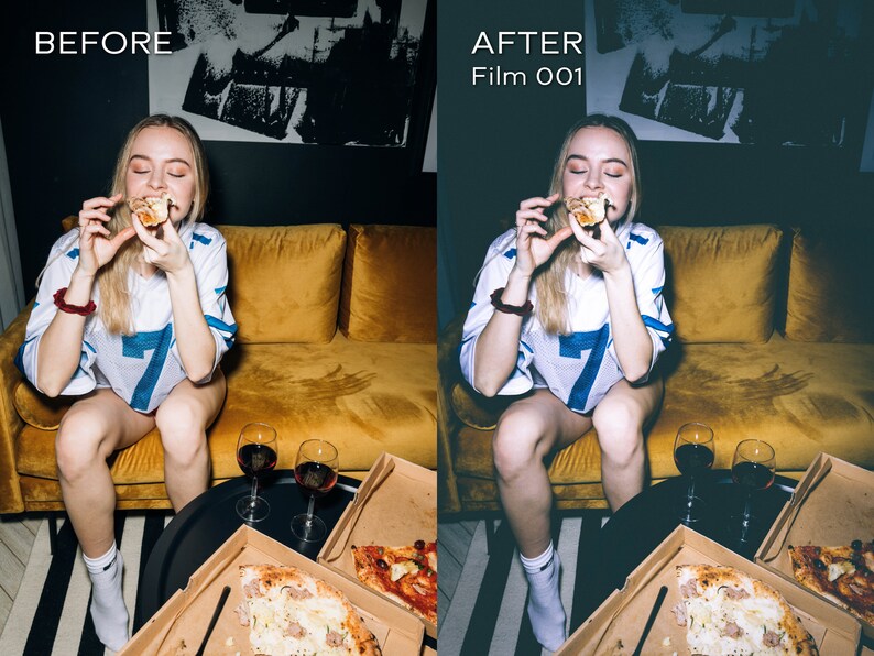 May include: A person wearing a white and blue jersey with the number 7 eating pizza. Two glasses of red wine and pizza boxes are on a table. The text "BEFORE" and "AFTER Film 001" are visible.