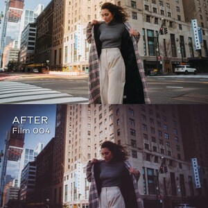 May include: A woman in a city setting, wearing a gray turtleneck, cream-colored pants, and a plaid coat. The coat has a black lining. The image is split, with "BEFORE" at the top and "AFTER Film 004" at the bottom.