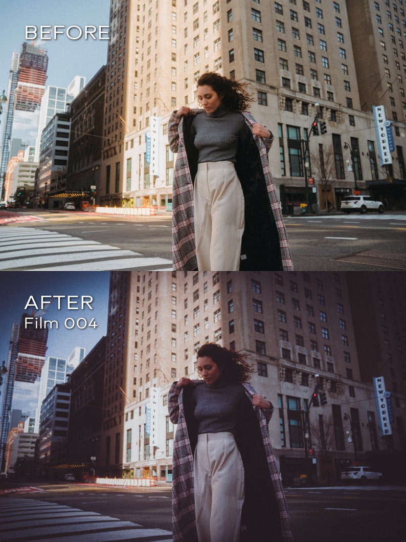 May include: A woman in a city setting, wearing a gray turtleneck, cream-colored pants, and a plaid coat. The coat has a black lining. The image is split, with "BEFORE" at the top and "AFTER Film 004" at the bottom.