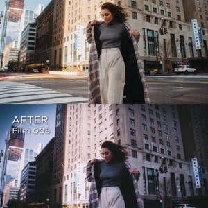 May include: A woman in a city street wearing a gray turtleneck sweater, cream-colored pants, and a long plaid coat. The image is split, with "BEFORE" at the top and "AFTER Film 005" at the bottom, showing a color adjustment.