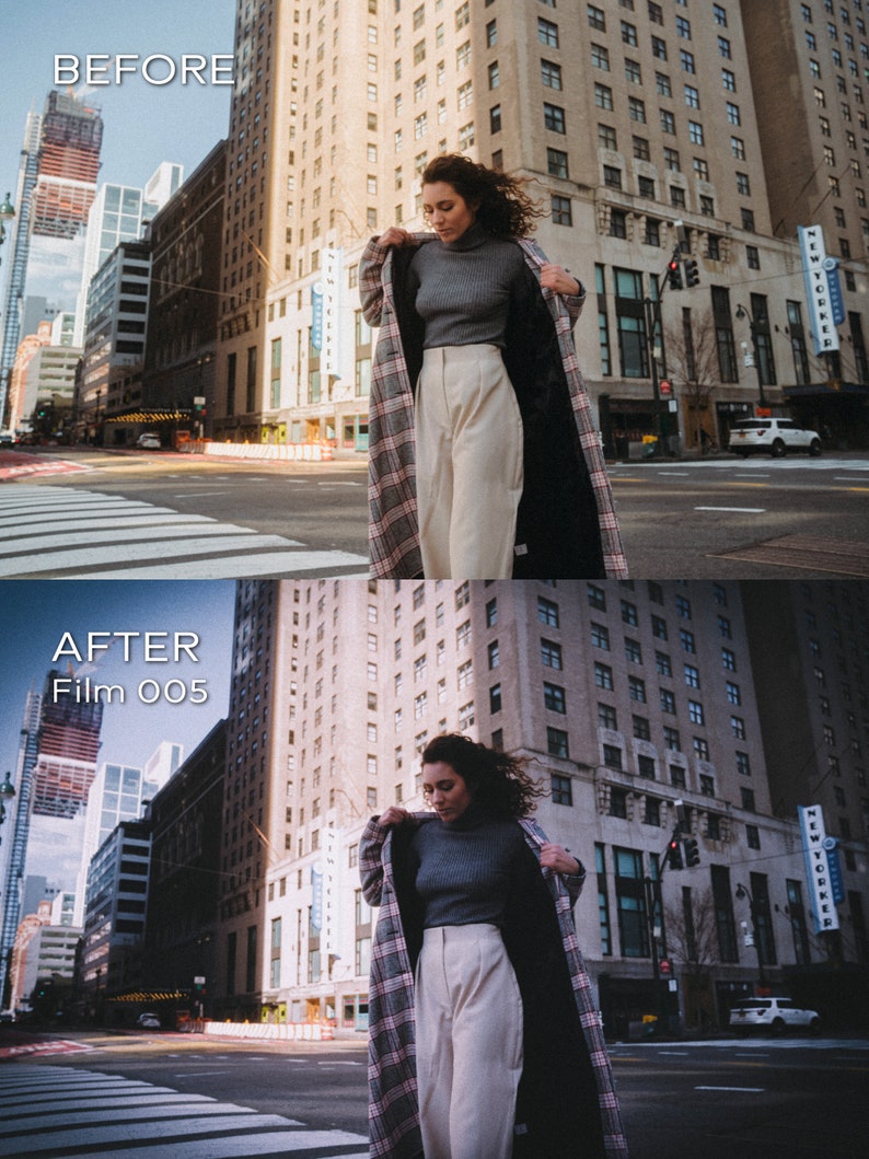 May include: A woman in a city street wearing a gray turtleneck sweater, cream-colored pants, and a long plaid coat. The image is split, with "BEFORE" at the top and "AFTER Film 005" at the bottom, showing a color adjustment.