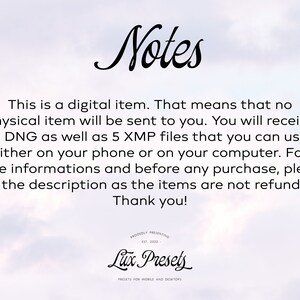 May include: A digital item advertisement with a soft, cloudy background. The word "Notes" is written in elegant cursive script. The text explains the digital nature of the product, mentioning DNG and XMP files for phone or computer use. The Lux Presets logo is at the bottom.