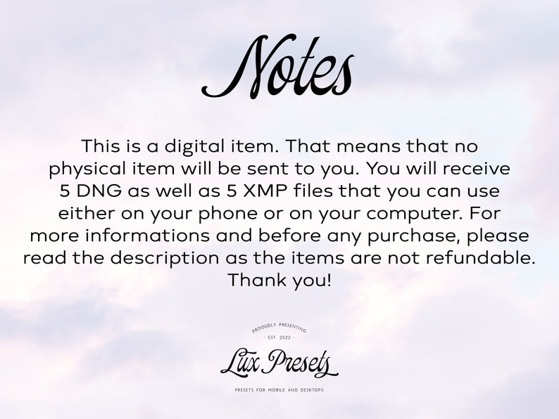 May include: A digital item advertisement with a soft, cloudy background. The word "Notes" is written in elegant cursive script. The text explains the digital nature of the product, mentioning DNG and XMP files for phone or computer use. The Lux Presets logo is at the bottom.