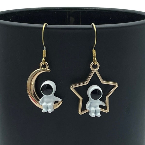 Star and Moon Astronaut Space Earrings. Great gift for any Stargazer, Space lover, Planet enthusiast, Rocket Engineer or Science lover.