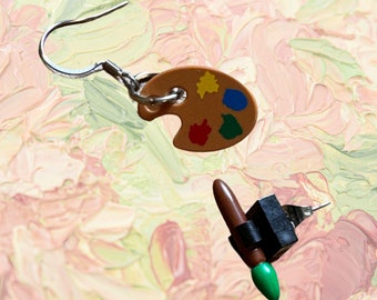 Paintbrush and Palette Asymmetric Earrings made with upcycled  LEGO®. Perfect Gift for an artist, painter, art teacher or Lego lover