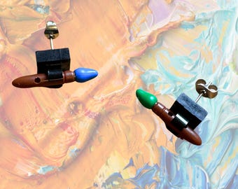 Paintbrush Earrings made with upcycled  LEGO®. Perfect Gift for an artist, painter, art teacher or Lego lover. Paint brushes in Blue Green