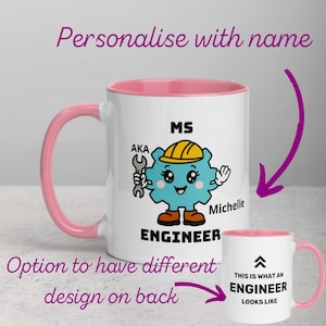 Personalised Engineer Mug with Colour Handle and Inside. Women in Engineering Mug. Customised Mug with name and design option. Engineer Gift