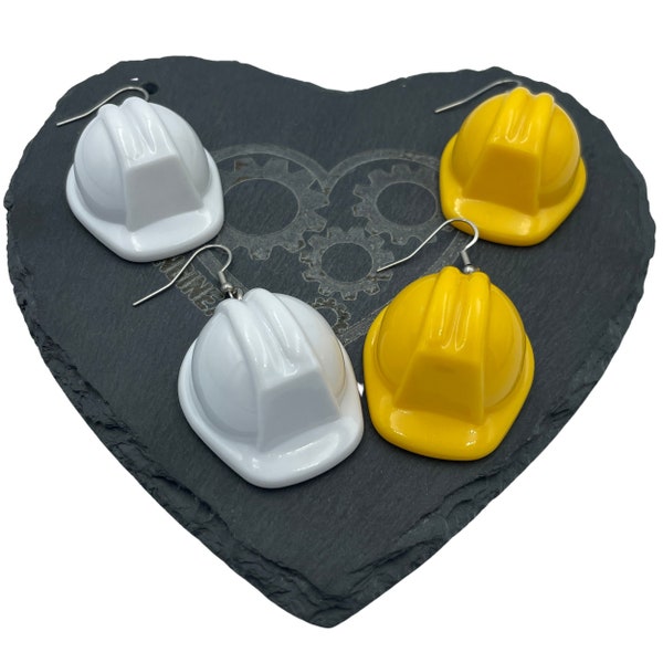 Novelty Hardhat Earrings. Funny jewellery for Engineers and Construction Workers. Choose Yellow or White Hard Hats/ Construction Helmet