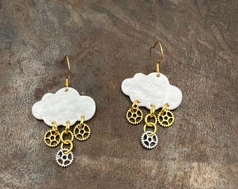 Handmade Cloud and Cog Chandelier Earrings. Dainty Pearlised Cloud with dangling Cogs. Science & Engineering Jewellery Gift