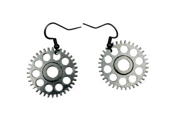 Steampunk Silver Dangle Statement Earrings with Hardware Cog Gear Nut Components. Science Engineering Gift