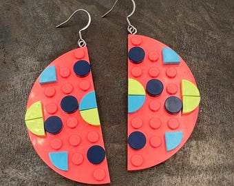 Geometric Statement Coral Earrings made with upcycled LEGO®. Geeky Fun gift you can personalise. Perfect for a glamorous night out.