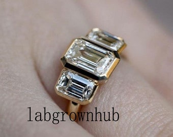 Bezel Set Moissanite Ring Three Stone Moissanite Unique Engagement Ring 2.10 Ct White Emerald Cut Moissanite Wedding Ring 14k Yellow Gold