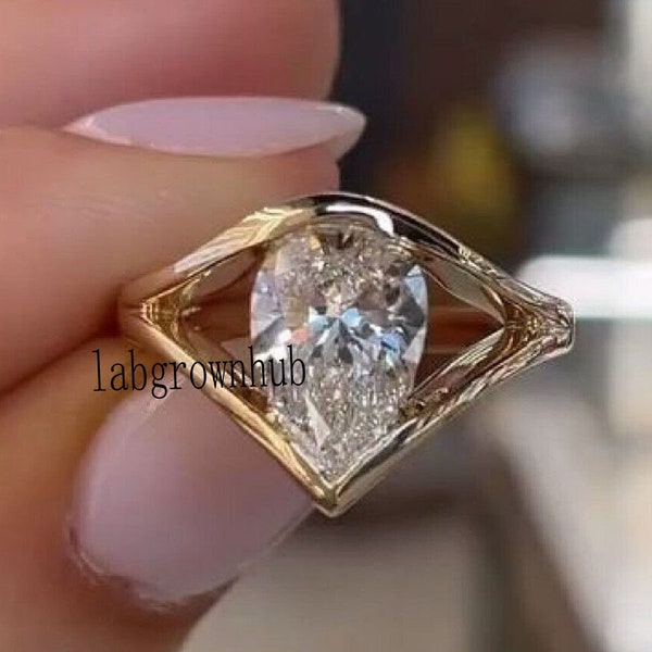 Solitaire Moissanite Unique Engagement Ring 10x7 mm Pear Moissanite Ring Bezel Set Moissanite Ring 14k Yellow Gold Diamond Wedding Ring VVS1