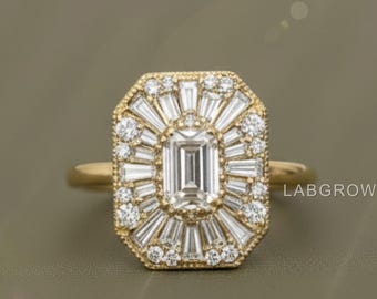 Vintage Emerald Cut Lab Grown diamanten verlovingsring – Art Deco 14K massief gouden trouwring – bruidssieraden cadeau voor haar