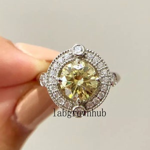 Canary Light Yellow Ring Vintage Floating Halo Wedding Ring 1.50 CTW Yellow Round Cut Antique Ring Canary Yellow Diamond Ring Gift For Her