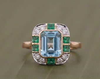 Anillo de aguamarina talla esmeralda, anillo Art Déco vintage con circonita cúbica y diamantes, anillo de cóctel vintage, anillo de joyería femenina de oro de 14 quilates.
