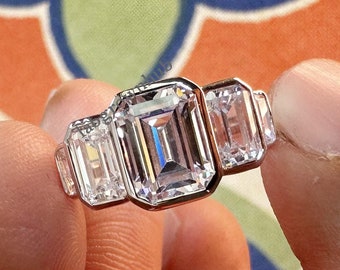 Emerald Cut Moissanite Ring Bezel Set Moissanite Engagement Ring 3.20 Ct Colorless Moissanite Wedding Ring 5 Stone Moissanite Women Ring