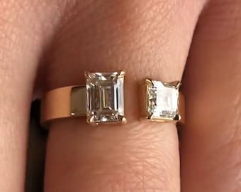 Custom Two Stone Bezel Ring Toi Et Moi Engagement Ring Toi Et Moi Moissanite Wedding Ring 1.0Ct Asscher & Emerald Cut Moissanite Ring