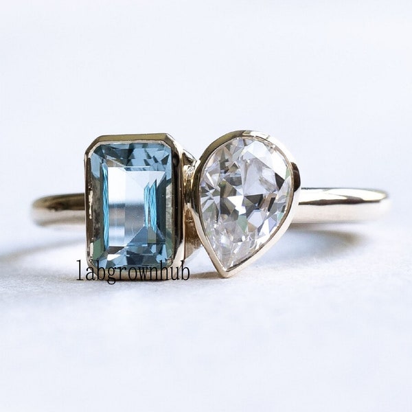 Aquamarine Diamond Ring Toi Et Moi Engagement Ring Bezel Set Wedding Ring 3.00 Ct Pear & Emerald Cut Blue Lab Diamond Ring 14k Yellow Gold