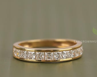 Pierścionek z brylantami hodowanymi laboratoryjnie | Diamenty w szlifie księżniczki | Pierścionek z 14-karatowego złota | Obrączka ślubna z oprawą kanałową | Prezenty z biżuterii
