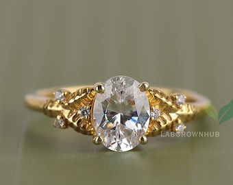 Anillo de compromiso con diamantes cultivados en laboratorio con certificación IGI de 1,50 quilates de peso total, corte ovalado, estilo art déco, regalo de boda para mujer, anillo de aniversario de oro amarillo de 18 quilates.