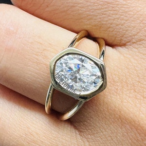 Hexagon Shape Bezel Set Moissanite Solitaire Ring Double Band Oval Cut Moissanite Ring 2.00 Ct Oval Cut Engagement Ring Gold Wedding Ring