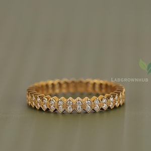 18K Yellow Gold Diamond Ring – Marquise Pattern Natural Diamond Band – Vintage Inspired Wedding Band – Gift for Her - Round Natural Diamond