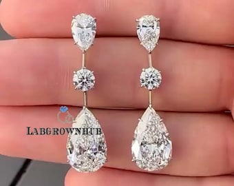 Three Stone Bridle Dangle Earring Unique Dangle Drop Wedding Earring 2.50 + 2.50 Ct Pear & Round Moissanite Earring Pear Diamond Earring VVS