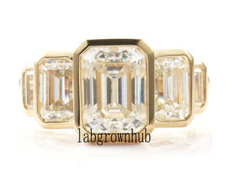Emerald Cut Moissanite Ring Bezel Set Moissanite Ring Bezel Engagement Ring 3.20 Ct Colorless Moissanite Wedding Ring 5 Stone Diamond Ring