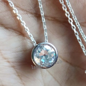 Bezel Set Solitaire Antique Diamond Pendant Necklace 7 mm Round Old European Cut Moissanite Pendant 14k Rose Gold Single Stone Necklace