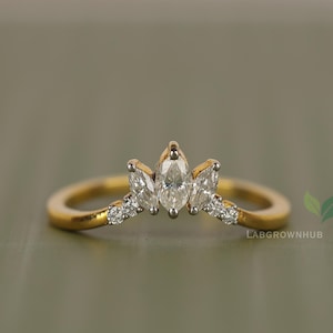 Crown Style Lab Grown Diamond Ring | 1.25 Carat Marquise & Round Cut Cluster | 14K Gold Vintage Tiara Engagement Ring | Chevron Curved Band