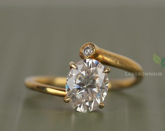 2.0 Ct Oval Cut Lab Grown Diamond Engagement Ring – 14K Yellow Gold Solitaire with Bezel Accent Diamond Open Band Ring For Her
