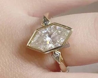 Antique Dutch Marquise Moissanite Ring Long Hexagon Cut Moissanite