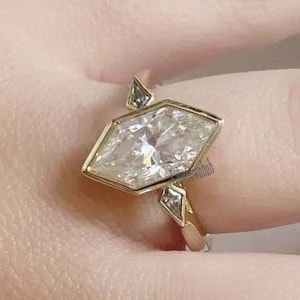 Antyczny holenderski pierścionek z moissanitem markiza, długi, sześciokątny pierścionek zaręczynowy z moissanitem z bocznym szlifem latawca, oprawa z moissanitem, zestaw 3 kamieni