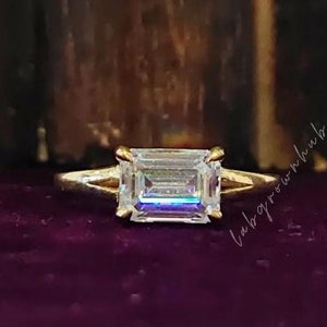 East West Moissanite Emerald Cut Ring Solitaire Engagement Ring 1.75 CTW East West Emerald Cut Moissanite Spit Shank Ring Gold Promise Ring