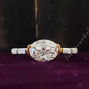 East West Oval Engagement Ring 1.50 CTW Oval Cut Moissanite With Baguette Side Accents Band Dainty Wedding Proposal Ring 14K Rose Gold  Ring