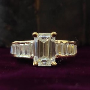 Channel Set Baguette Diamond Ring 2.5CT Emerald Cut Moissanite Engagement Ring 14k Yellow Gold Wedding Ring Bezel Set Eternity Band for Her