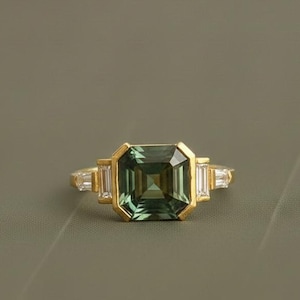 2.0 Ct Asscher Cut Green Sapphire Five Stone Ring 14k Yellow Gold Bezel Set with Baguette Diamond Side Stones Geometric Engagement Ring